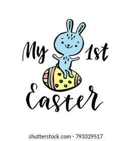 My first Easter.Card with cute bunny.Vector illustration.