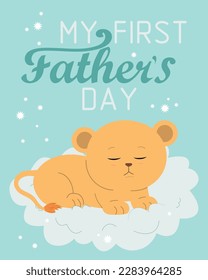 My first Father's Day with lion. Vertical vector greeting card with sleeping animal. 