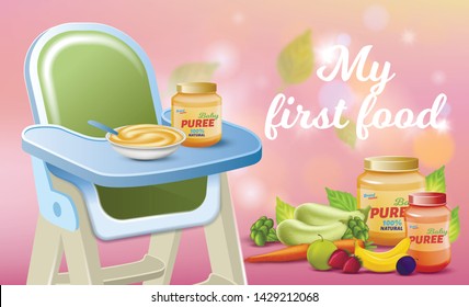 My First Food Promo Banner, Baby Fruits and Vegetables Puree in Jar and Plate with Spoon on Chair, Kids Eco Healthy Fresh Breakfast, Mashed in Glass Bank Ad Mockup, 3d Vector Realistic Illustration