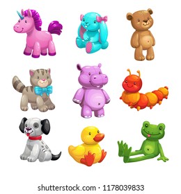 My first friends. Funny textile stuffed toys set. Vector icons on white background.