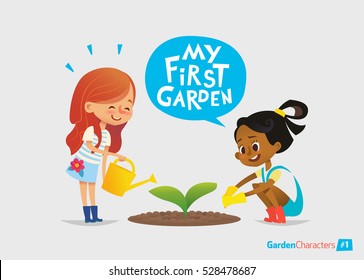 My first garden concept. Cute kids care for plants in the garden. Early education, outdoor activities. Montessori gardening.