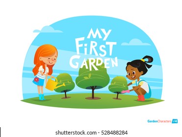 Mi primer concepto de jardín. Los niños se preocupan por las plantas en el jardín. Educación temprana, actividades al aire libre. Jardinería Montessori. Ilustración vectorial.