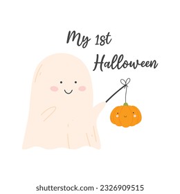 My first Halloween baby print for Halloween. Vector illustration isolated on white background. Kids print with ghost, pumpkin and lettering.