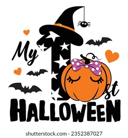 Mi Primera Halloween, Primera Halloween de Bebé, ilustración de stock, celebración Halloween. Joven y feliz, gráficos de camisetas, afiches, concepto de fiesta, diseño textil y tarjeta.