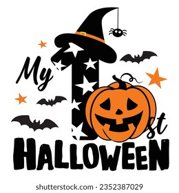 Mi Primera Halloween, Primera Halloween de Bebé, ilustración de stock, celebración Halloween. Joven y feliz, gráficos de camisetas, afiches, concepto de fiesta, diseño textil y tarjeta.