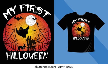 My First Halloween - Best Halloween T-Shirt Design Template. Pumpkin, Night, Moon, Witch, Mask. Night background T-Shirt for print.