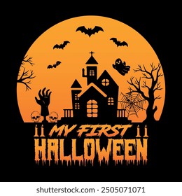 My First Halloween - Best Halloween T-Shirt Design Template. Pumpkin, Night, Moon, Witch, Mask. Night background T-Shirt for print.