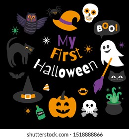 My first Halloween - card, poster template with vector illustrations