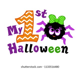 My first Halloween. Cheerful spider girl smiling. Vector illustration isolated on white background.