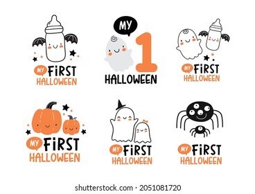 My First halloween - cute vector print for newborn. Halloween character and lettering