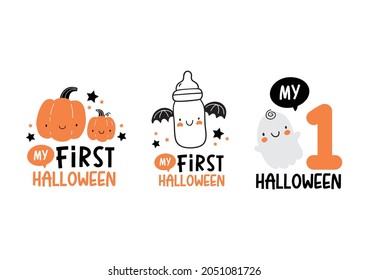 My First halloween - cute vector print for newborn. Halloween character and lettering