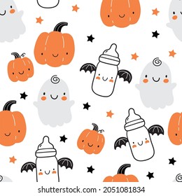 My First halloween - cute vector print for newborn. Halloween character seamless pattern