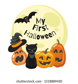 My First Halloween - illustration with pumpkins, cat, moon, witch hat, bat