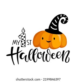 My first Halloween lettering with pumpkin. Celebration quote for baby Halloween. Sublimation print for junior clothing, family holiday decor. Black orange sketch element Invitation, card, poster, gift