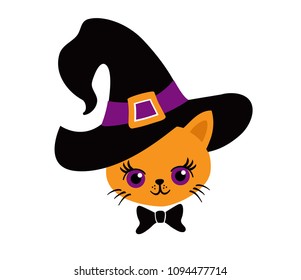 My first Halloween. Lovely kitten in the hat of a witch.