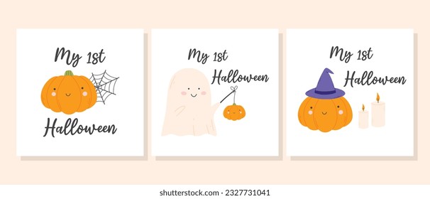 My first Halloween print set. Collection of posters with Halloween pumpkin and ghost. Vector illustration.