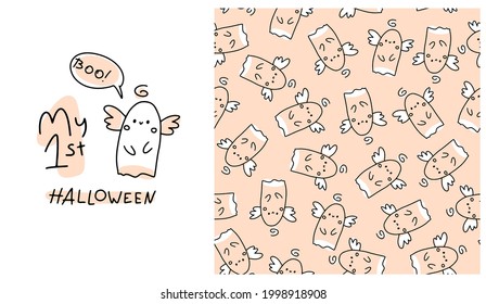 My first Halloween. Seamless pattern. A cute ghost in a simple hand-drawn cartoon doodle style. One line on the background of pastel spots with a brush. Lettering