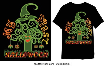 My first Halloween stylist custom t-shirt design with witches, tree, pumpkins, birds, cat, silhouette, typography, vector illustration, swatches color.