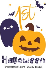 My first halloween Svg vector Illustration isolated on white background.My 1st halloween sublimation with pumpkin face and ghost. Cute baby halloween shirt design 