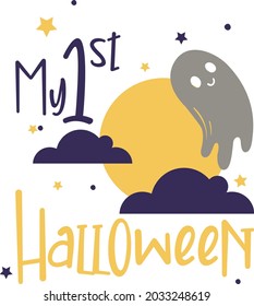 My first halloween Svg vector Illustration isolated on white background.My 1st halloween sublimation with pumpkin face and ghost. Cute baby halloween shirt design 