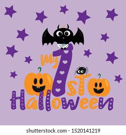 My first halloween- text, with cute baby bat and pumpkins, little spider and stars. Good for posters, greeting cards, textiles, and gifts.