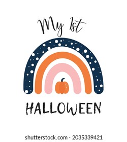 My first Halloween vector illustration, cute rainbow with pumpkin baby design