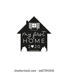 My first home ornament inspirational lettering vector illustration. Print or card with typography phrase about new place of residence. Template with cute house and flowers on white background