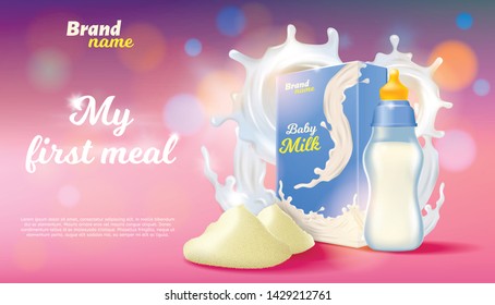 My First Meal Promo Banner, Baby Nutrition Food Formula, Milk Drink in Feed Plastic or Glass Bottle and Cardboard Box Packaging on Blurred Background with Milky Splash 3d Vector Realistic Illustration