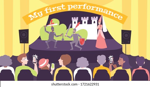 My first performance flat background with children playing on stage and parents with smartphones in  audience vector illustration