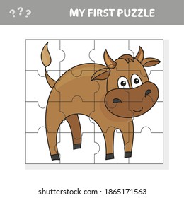 My first puzzle. Cartoon Vector Illustration of Educational Jigsaw Puzzle Activity Game for Children with Bull