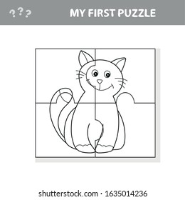 My first puzzle. Cute puzzle game. Vector illustration of puzzle game and coloring book with happy cartoon cat for children