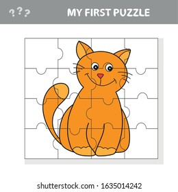 My first puzzle. Cute puzzle game. Vector illustration of puzzle game with happy cartoon cat for children
