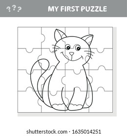 My first puzzle. Cute puzzle game. Vector illustration of puzzle game and coloring book with happy cartoon cat for children