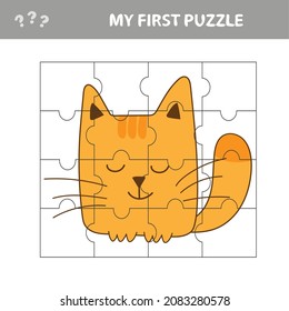 My first puzzle. Cute puzzle game. Vector illustration of puzzle game with happy cartoon cat for children