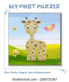 My first puzzle, education game for children. Kids logic development. Cute giraffe with bees and butterflies. Bright 3d animal vector illustration. Jigsaw puzzle.