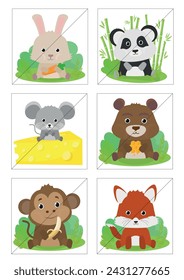 My first puzzle, education game for children. Kids logic development. Cute animals vector illustration. Jigsaw puzzle.