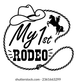 My first rodeo lasso frame vector printable illustration isolated on white for design. Cowboy with lasso frame on wild horse hand drawn American illustration with text.