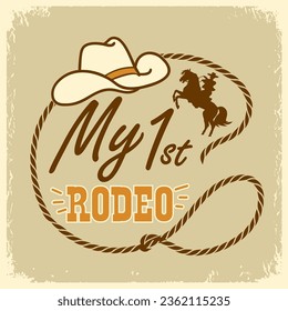 My first rodeo lasso frame vector printable colors illustration. Cowboy with lasso frame on wild horse hand drawn American illustration with text.