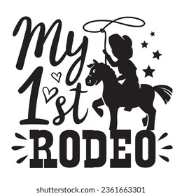 My first rodeo vector printable illustration isolated on white for design. Cowboy with lasso on wild horse hand drawn American illustration with text.