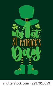 Mein erster St. Patrick's Day - Leprecherhut und -beine mit Kleeblatt. Gutes Baby-Kleidungsstück, Banner, Grußkarte, Etikett und andere Dekoration.