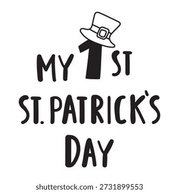 My First St. Patrick's Day. Number One with Leprechaun Hat Outline Vector, Minimalist Kids Celebration