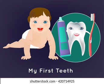 My first tooth concept. Editable vector illustration with cute crawling baby and tooth character holding toothbrush and toothpaste. Medical poster in bright cartoonish style.