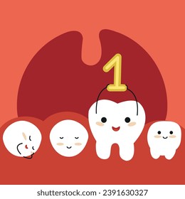 My first tooth. Teeth grow funny characters, tooth in dental gum, dentistry. Cartoon baby milk tooth growing , dentist poster for mouth care and orthodontics