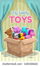 My first toy. Funny textile animal toys in the box. Plush pets collection, vector illustration.