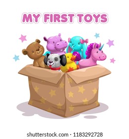 My first toy. Funny textile animal toys in the box. Plush pets collection, vector illustration.