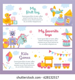 My first toys horizontal banner set. Cute illustration for kids. Funny robot, little unicorn, ball, toy train. For a children's banner, slider, flyer. Place for text.