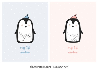 My First Winter Cute Nursery Vector Illustration Set. Sweet Little Penguins on a Light Pink and Blue Backgrounds. White Snow. Lovely Posters for Boys and Girls. Infantile Style Design. Pastel Colors.