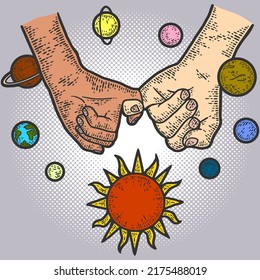 My friend is the whole universe. Sketch scratch board imitation. Vector isolated color.