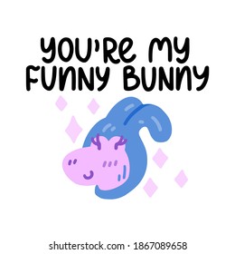 My funny bunny - cute colorful vector doodle with dinosaur and hand lettering. Hand drawn dinosaur with stars. Vector template for card, postcard, banner, poster, sticker and social media