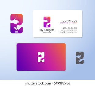 My Gadgets Abstract Vector Sign, Emblem, Logo and Business Card Template. Smartphone in Hands Negative Space Concept. Corporate Stationary with Soft Shadows. Isolated.